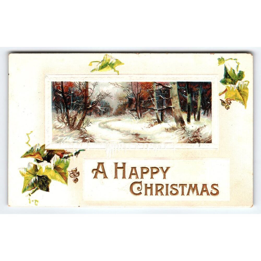 Vintage A Happy Christmas Embossed Winter Scene Postcard by B.B. London